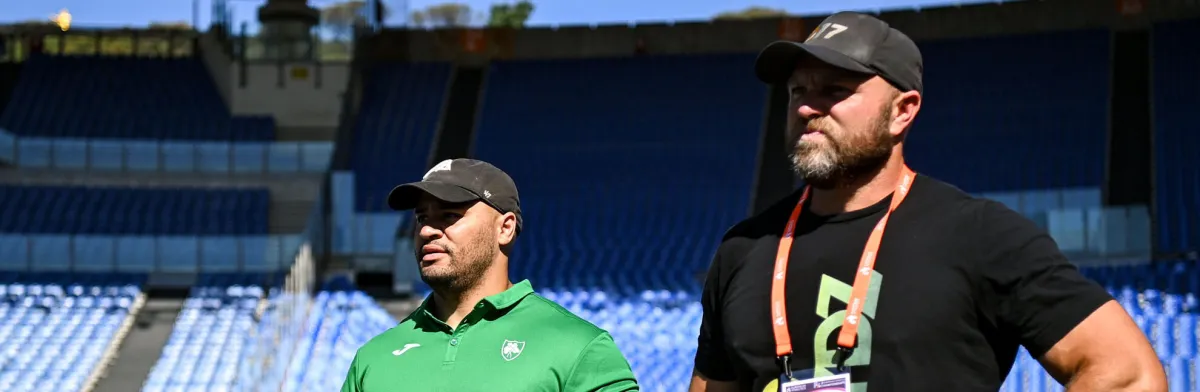 6 June 2024; Eric Favors of Ireland, left, and coach Dane Miller, in attendance during the official training session ahead of 2024 European Athletics Championships at the Stadio Olimpico in Rome, Italy. Photo by Sam Barnes/Sportsfile