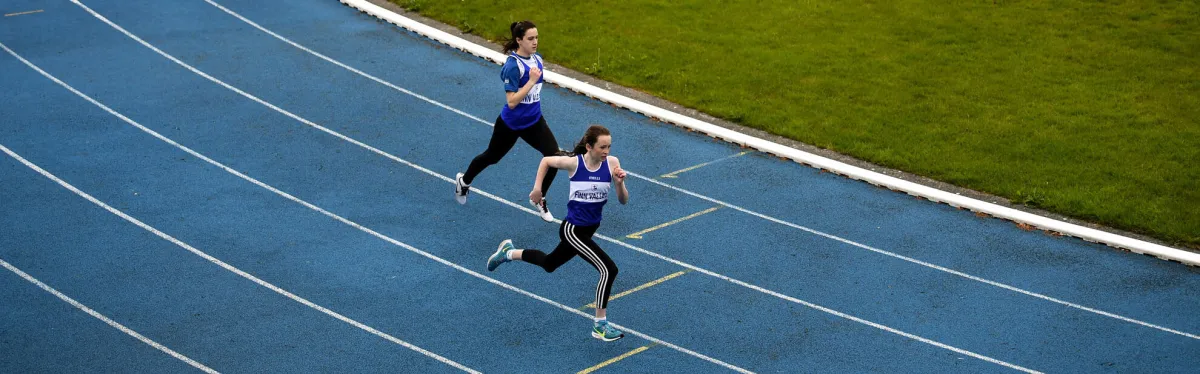 18 May 2020; Abby McGranaghan and Daniella Jansen, left, of Finn Valley Athletic Club during a training session at the Finn Valley Centre in Stranorlar, Donegal, as athletics resumes having previously suspended all activity following directives from the Irish Government in an effort to contain the spread of the Coronavirus (COVID-19). Athletics clubs in the Republic of Ireland resumed activity on May 18th under the Irish government’s Roadmap for Reopening of Society and Business following strict protocols of social distancing and hand sanitisation among others allowing it to return in a phased manner. Photo by Stephen McCarthy/Sportsfile