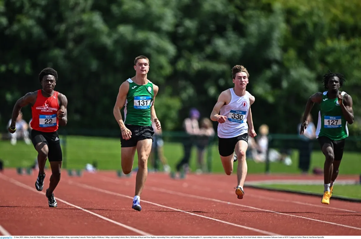 Photo of schools athletes competing in 60m at Tailteann Games